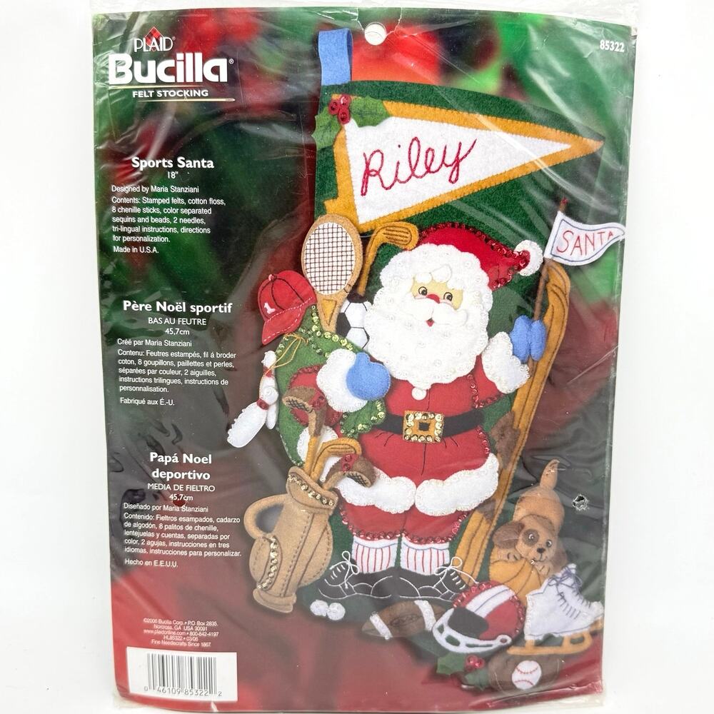 Bucilla Sports Santa Claus Stocking Kit 18” Felt Applique Embroidery Christmas